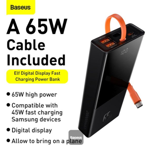 پاوربانک بیسوس مدل Baseus Elf Digital Display Fast Charging Power Bank 20000mAh 65W