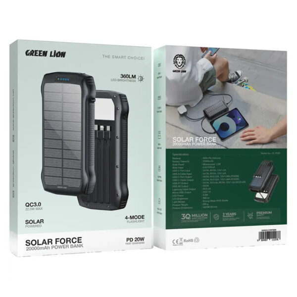 پاوربانک خورشیدی 20000 میلی آمپر گرین لاین مدل Green Lion Solar Force 20000mah powerbank GL-PX82